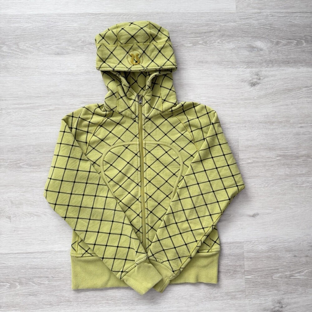Lululemon LIMITED EDITION Scuba Hoodie Zip Up Lime Green Diamond Grid Size 10/12 - Picture 1 of 10